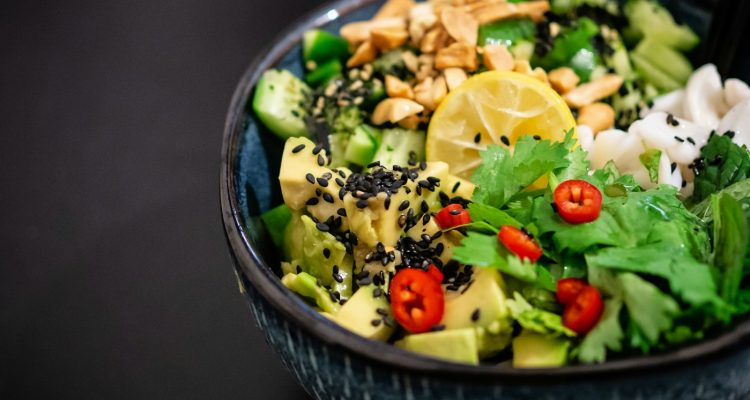 vegetable salad in gray bowl