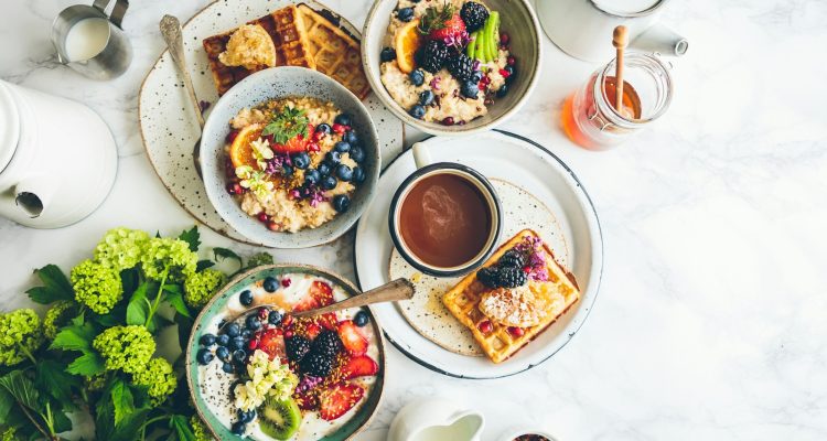 fruit salad on gray bowls